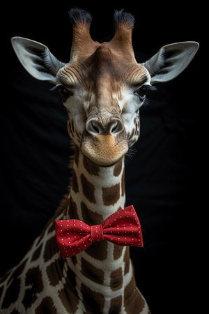 Portrait of a giraffe with red tie on a black background, created with Generative AI technology.の素材