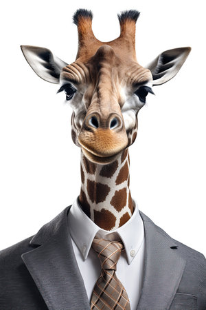 Portrait of a giraffe in a suit and tie on a white background, created with Generative AI technology.の素材