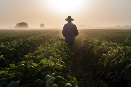 Rear view of a farmer standing in the middle of a tobacco field at sunriseの素材