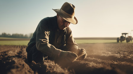 Farmer working on a freshly plowed field at the end of summerの素材