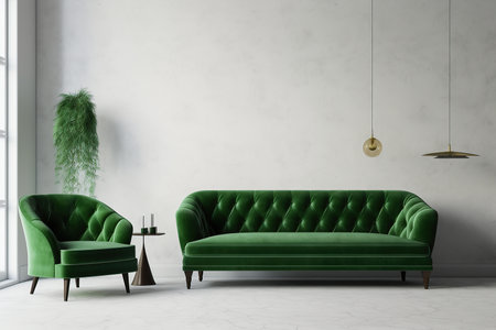 interior with green leather sofa, 3d render illustration mock upの素材