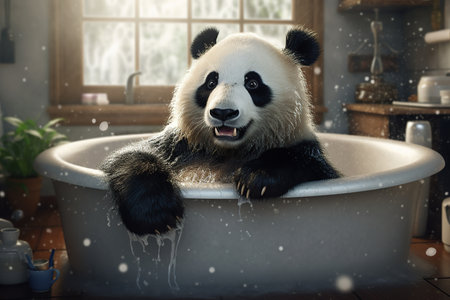 a giant panda taking a bath in the bathroom with snowflakesの素材
