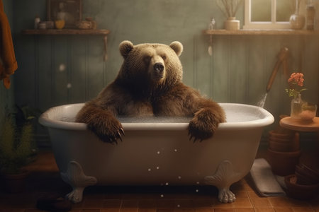 Brown bear relaxing in bathtub in the bathroom. Toning.の素材