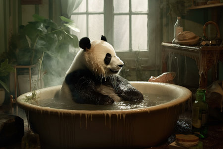 a giant panda taking a bath in the bathtub at homeの素材