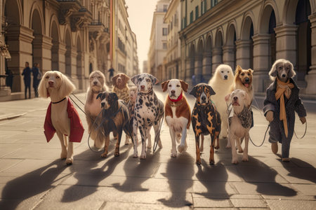 Group of dogs walking on the street in Milan, Italy. Selective focus.の素材