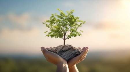 Human hands holding young tree on blurred nature background. Earth day conceptの素材