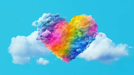 Rainbow heart shaped cloud on blue sky background. 3D renderingの素材