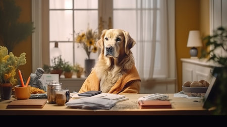 Cute Golden Retriever dog is sitting at the table with a laptop.の素材
