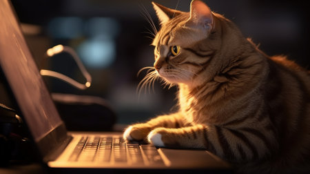 Cute cat sitting on the keyboard of a laptop at night.の素材