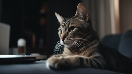 Beautiful cat lying on sofa with laptop at home, closeupの素材