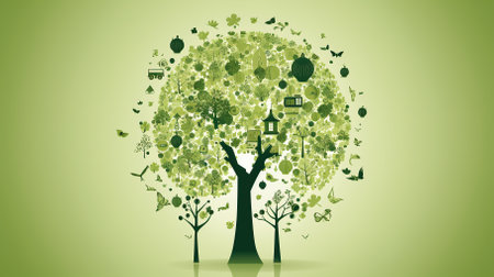 Ecology tree with icons on green background. Vector illustration for your designの素材