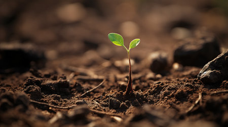 Green seedling illustrating concept of new life and beginning to grow from seedの素材