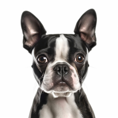 Close-up of a Boston Terrier looking at the camera, isolated on whiteの素材