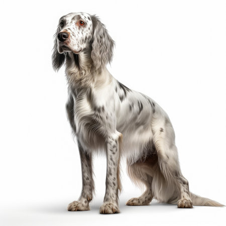 English setter standing in front of a white background and looking at the cameraの素材