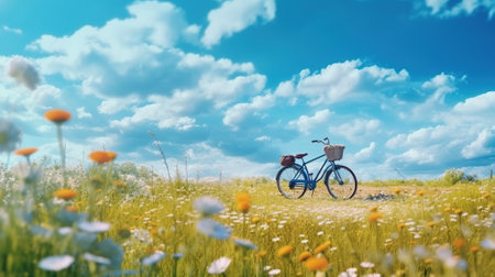 Bicycle in the meadow with daisies and blue skyの素材
