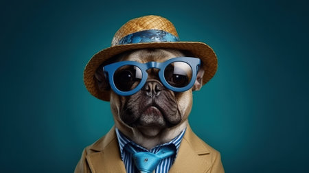 Funny french bulldog dog in hat and sunglasses on blue backgroundの素材
