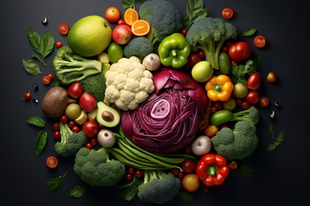 Fresh vegetables on black background, top view. Healthy food concept. vegan and vegetarianの素材