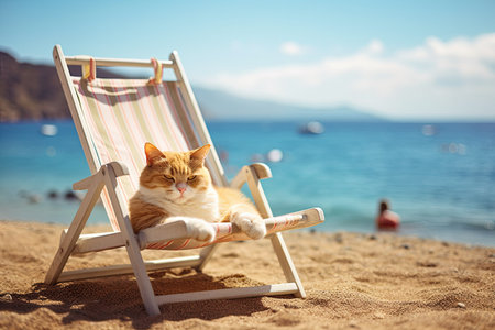 Cute ginger cat relaxing on a deck chair on the beach.の素材