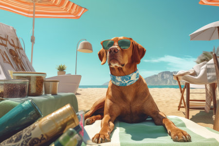 Dog in sunglasses on the beach. Summer vacation concept. 3d renderの素材