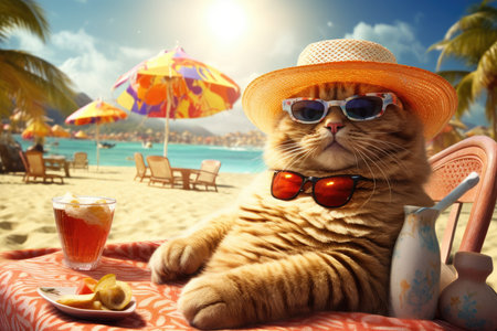 Cute ginger cat wearing summer hat and sunglasses relaxing on the beach.の素材