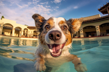 Australian shepherd dog swimming in swimming pool with happy expression and tongue outの素材
