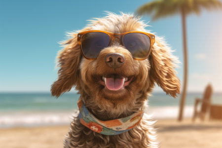 Cocker Spaniel wearing sunglasses on the beach with palm trees in the backgroundの素材