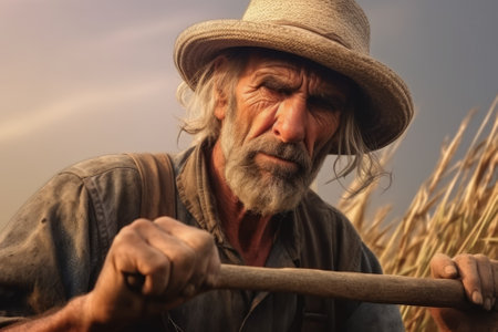 Farmer working on a wheat field with a sickle in his handの素材
