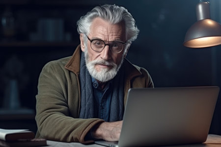 Serious mature man in eyeglasses looking at camera while using laptop at nightの素材