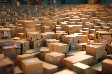 Warehouse or warehouse with rows of cardboard boxes. 3d renderの素材