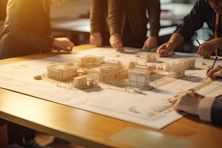 Architects and engineer working on blueprint in office, Construction conceptの素材