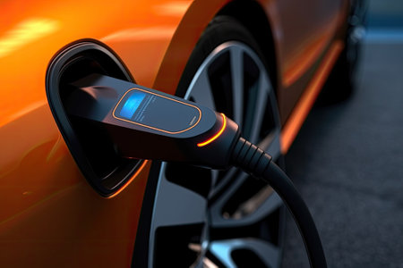 Charging an electric car. 3D render of an electric car plugged in.の素材