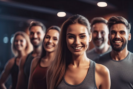 Portrait of a group of smiling young people in sportswear standing together in the gym.の素材