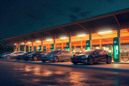 Electric car charging station at night. 3d render. Computer digital drawing.の素材
