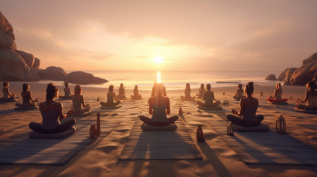 Yoga meditation on the beach at sunset. 3d render.の素材