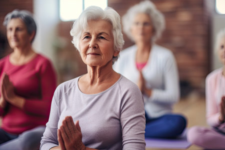 Portrait of senior woman doing yoga with her friends in fitness studioの素材