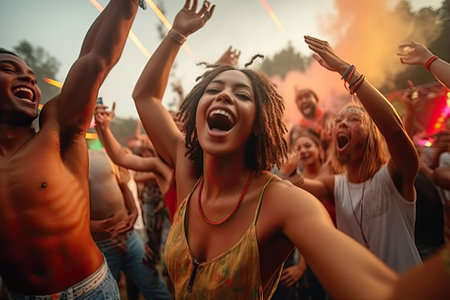 Group of friends having fun at a music festival. People dancing and having fun together.の素材