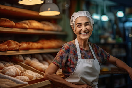 Portrait of smiling mature female baker leaning on counter in bakery shopの素材