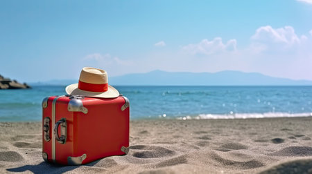 Red suitcase and hat on the beach. Vacation concept. 3d renderの素材