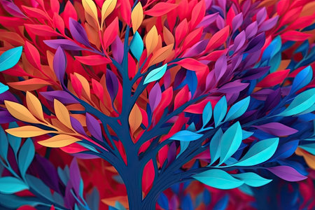 3d rendering of abstract tree in blue and red colors background.の素材