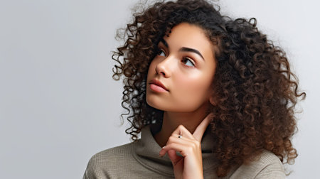 Portrait of beautiful young woman with curly hair looking away over gray backgroundの素材
