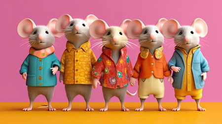 3D Illustration of a group of white rats in colorful clothesの素材