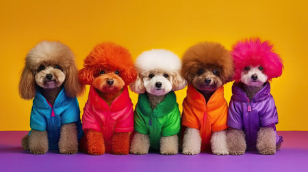 group of toy poodles in colorful clothes on orange background.の素材