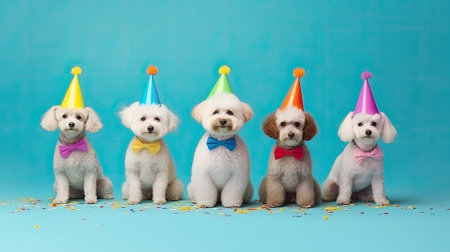 group of cute white poodle puppies with birthday hats on blue backgroundの素材