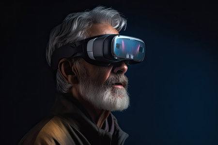 Portrait of a senior man wearing virtual reality goggles on black backgroundの素材
