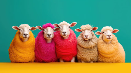 Group of sheep in colorful clothes on a green and yellow background.の素材