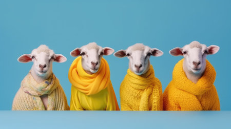 Group of sheeps in a yellow scarf on a blue background.の素材