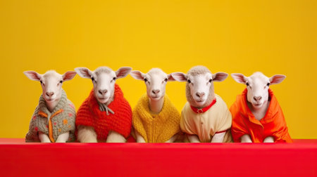 Sheep in a row on a yellow background with a red scarfの素材