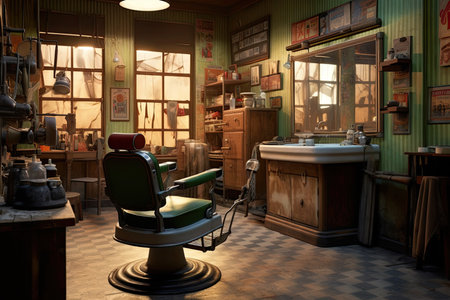 Barber shop interior with barber chair and tools. 3d renderの素材