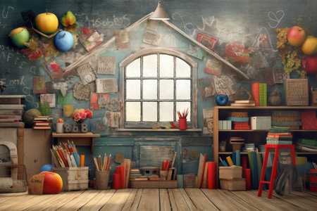 3d illustration of childrens room with a window, books and toysの素材