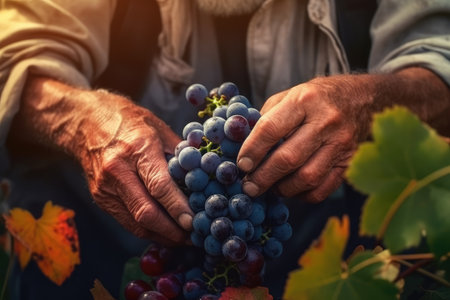 Close-up of senior man hands holding bunch of grapes in vineyardの素材